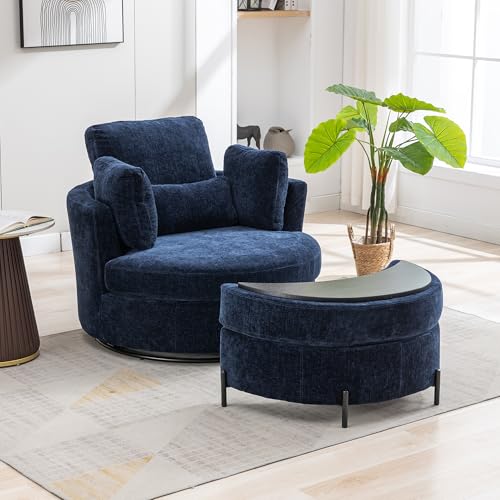 Aoiy & Wifon 42.2" W Oversized Swivel Barrel Chair with Ottoman, Upholstered Round Accent Chair with Storage Ottoman, Chenille, Beige