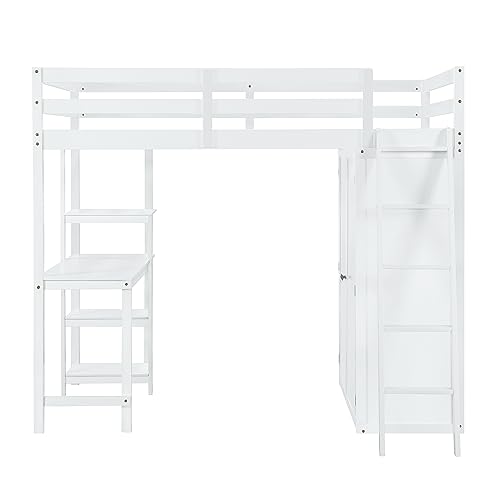 Twin Loft Bed with Staircase, Desk and Wardrobe, Wood Loft Bed with Storage Shelves and Safety Guardrail