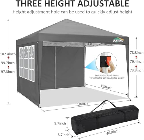 COBIZI 10x10 Pop up Canopy Tent Protable Canopy Tent with 4 Sidewalls Waterproof Commercial Instant Shelter for Parties, Wedding