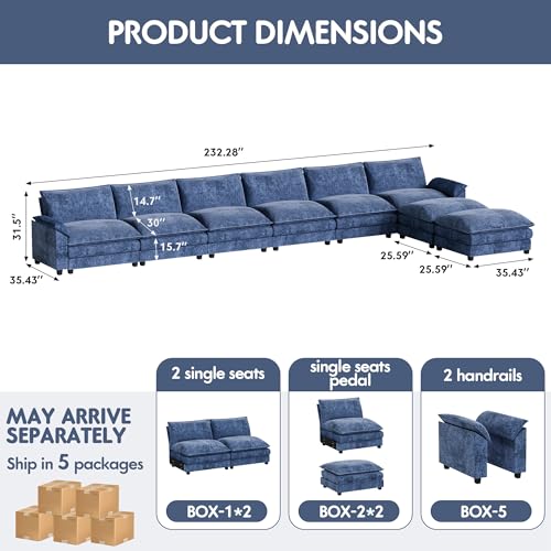 Homall 119" Modular Sectional Sofa, L Shaped Sofa Couch with Reversible Ottoman, DIY Combination Chenille Deep 3-Seat Cloud Couch for Living Room