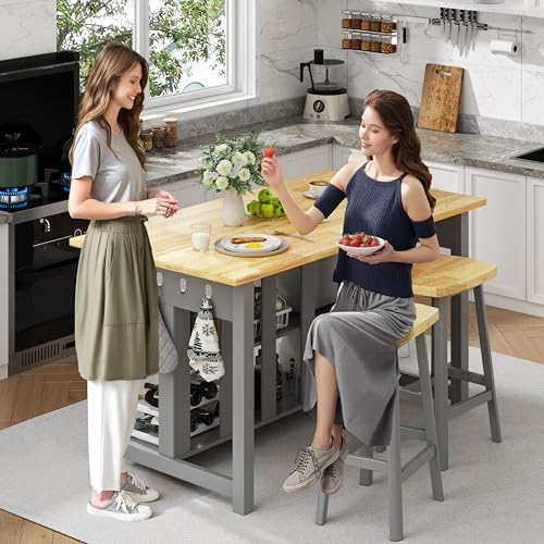 47.3" Solid Rubberwood Kitchen Island with Power Outlets - Extra Large Work Surface, 2 Drawers & Open Shelves Storage Cabinet for Kitchen Dining Room