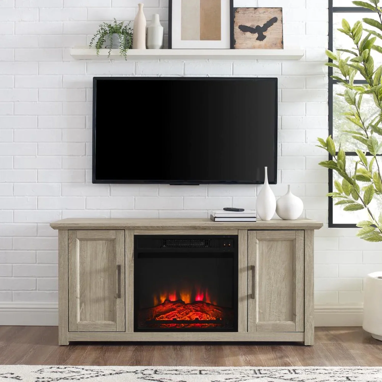 Crosley Camden 48" Rustic Low Profile TV Stand with Fireplace in Frosted Oak - Curated Treasures Market