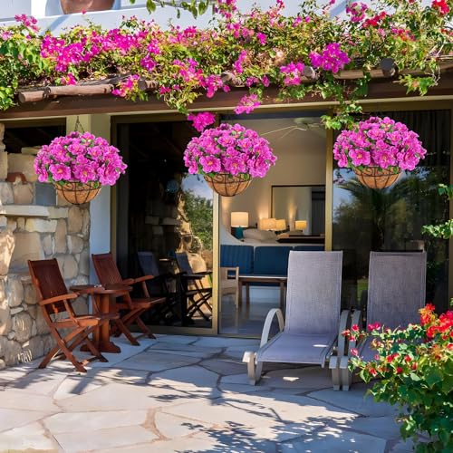 Artificial Hanging Flowers with Basket, Silk Azalea Flowers in Coconut Lining Hanging Baskets
