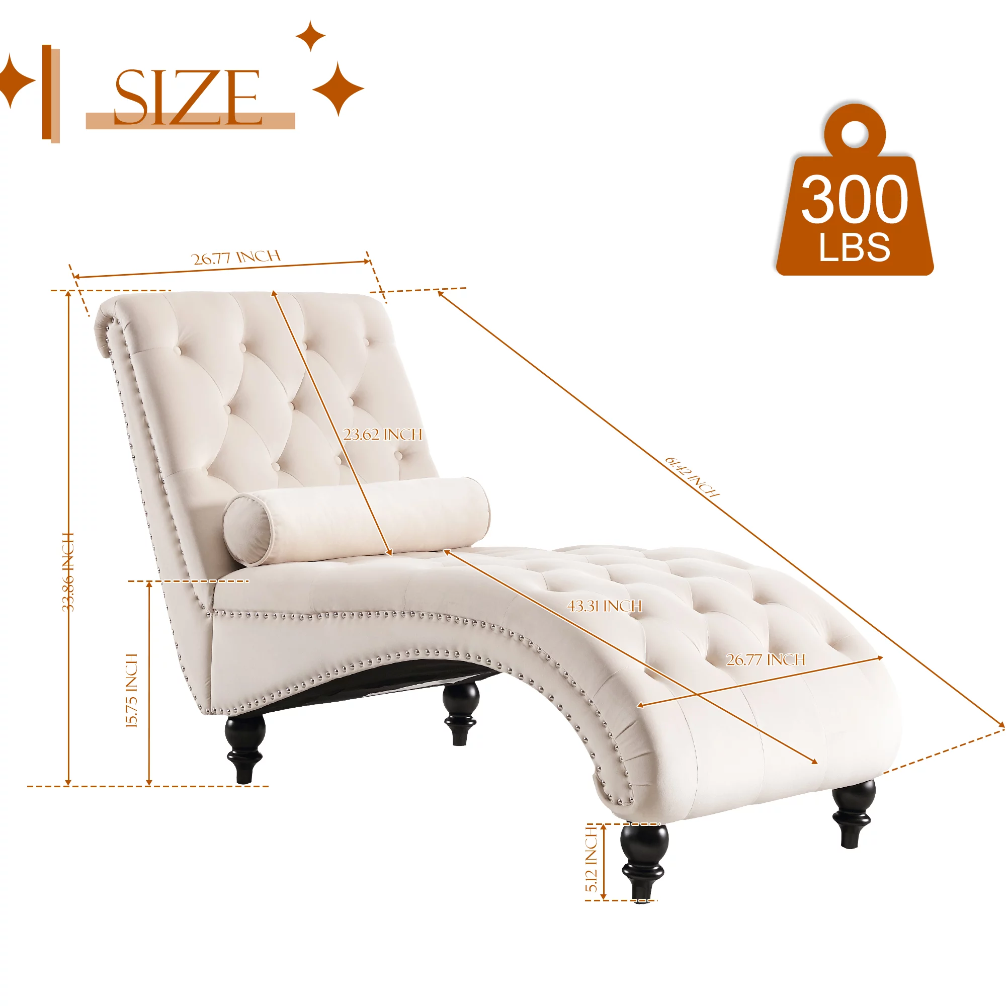 KINFFICT Velvet Chaise Lounge Indoor, Tufted lounge chair with Wood Legs, Leisure Accent Chair Upholstered Lounge Couch for Bedrooom Living Room