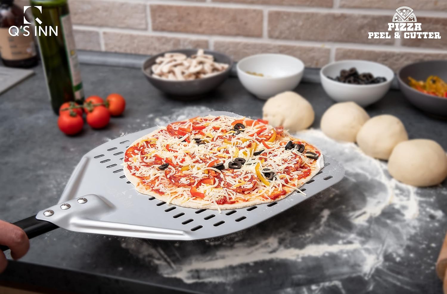 Perforated Pizza Peel 12x14 Inch from Anodized Aluminum Pizza Paddle and Pizza Tuning Peel. The perfect set for your Home Made Pizza by Q's INN. Pack