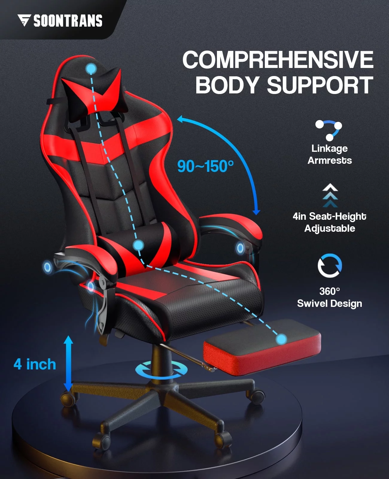 Soontrans Gaming Office Chair with Footrest, Ergonomic Leather Massage Game Chair with Lumbar Support & Headrest, Red