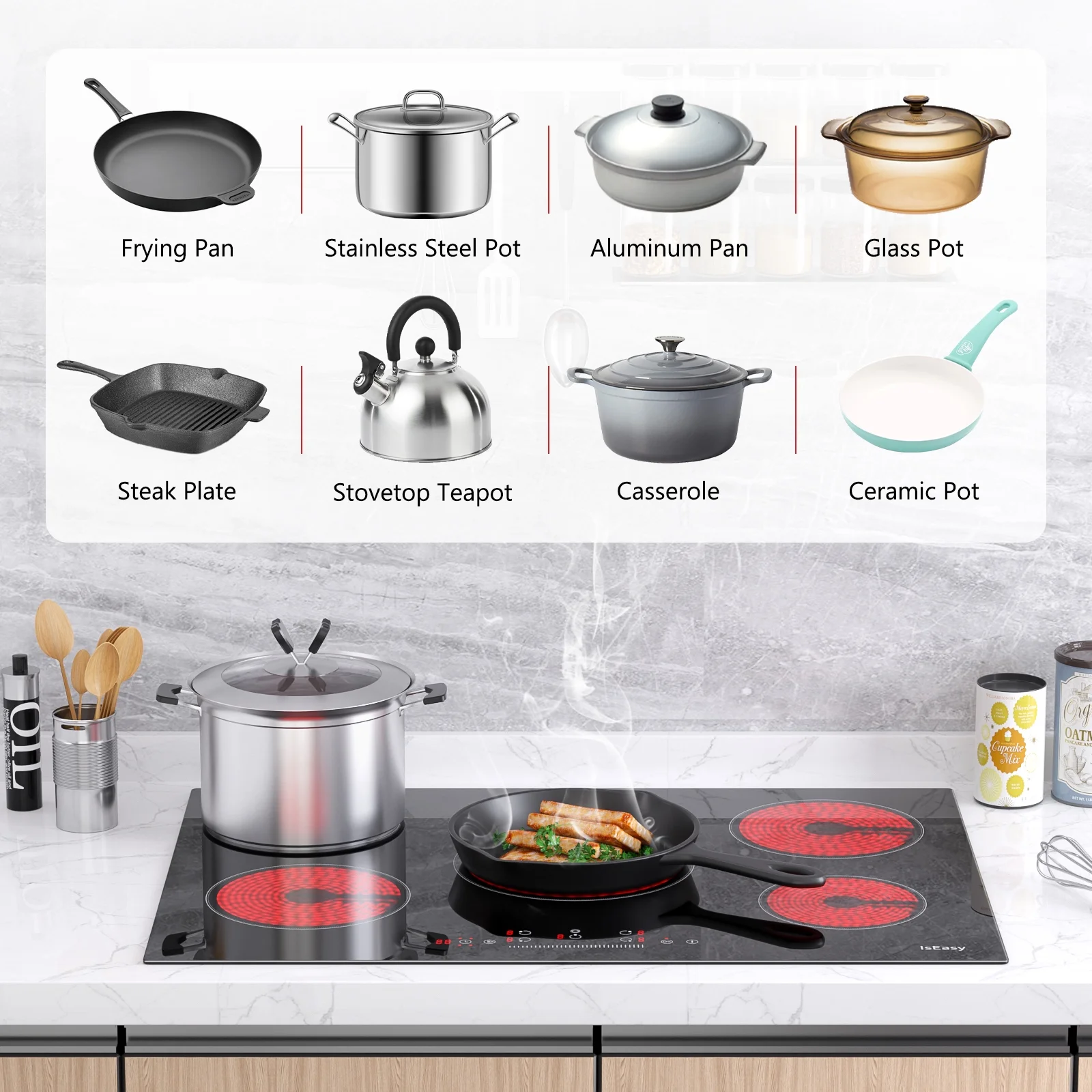 IsEasy Electric Stove Top, 30" 5 Burners Induction Cooktop, 8200W 240V