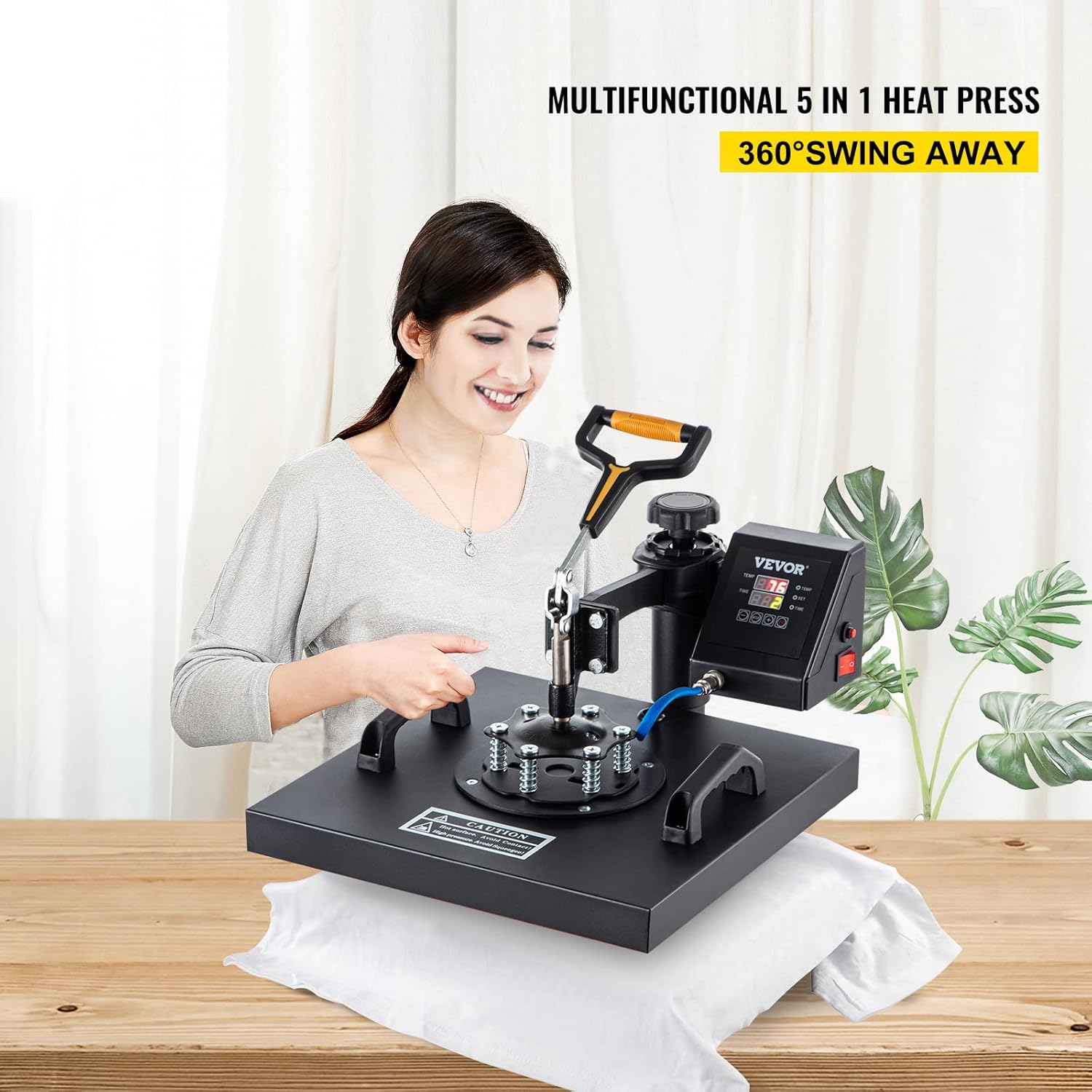 VEVOR Heat Press Machine, 15x15 Inch, 5 in 1 Combo Swing Away T-Shirt Sublimation Transfer Printer with Teflon Coated, Precise Heat Control
