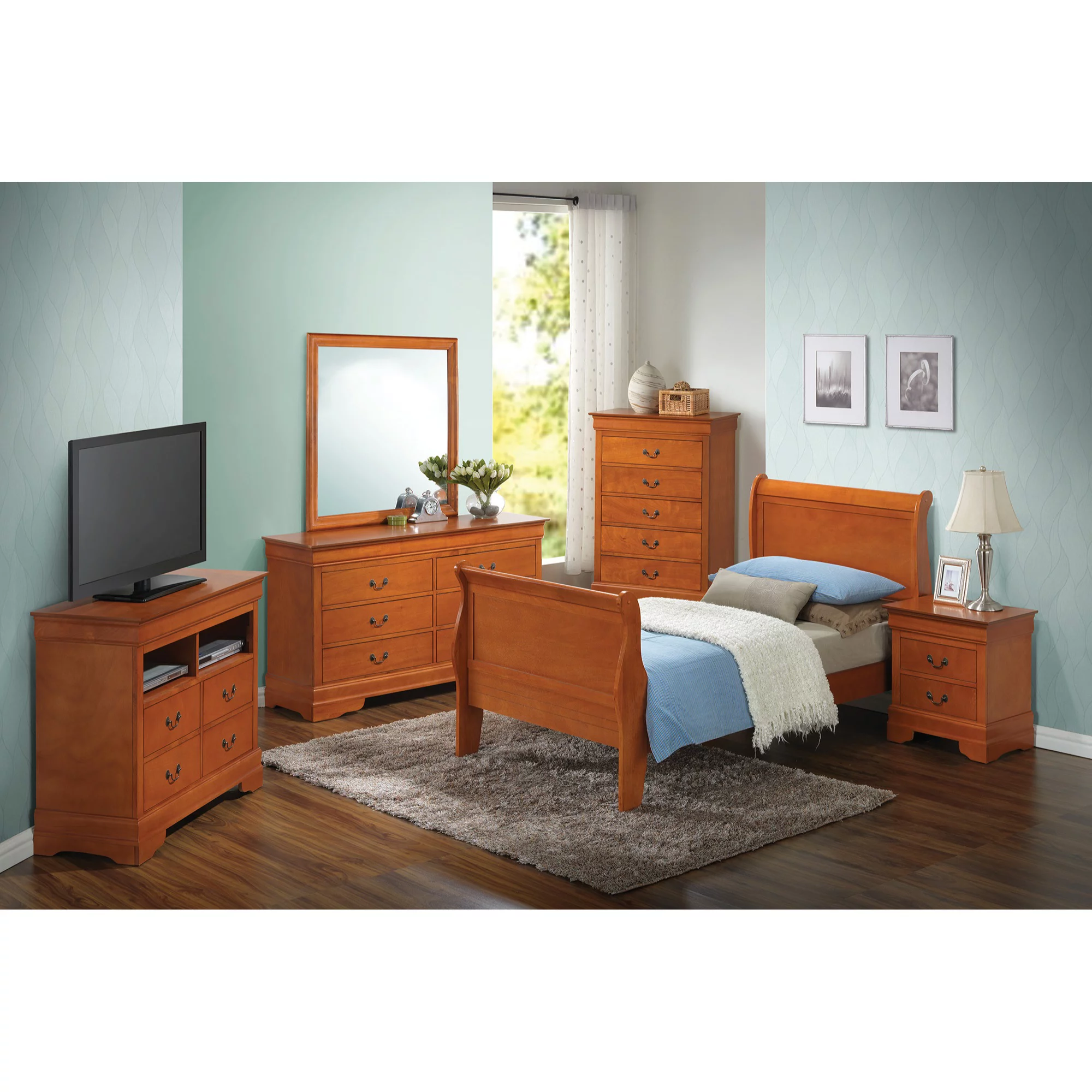 Passion Furniture  Louis Philippe Sleigh Bed with Headboard & Footboard, Oak - Twin Size