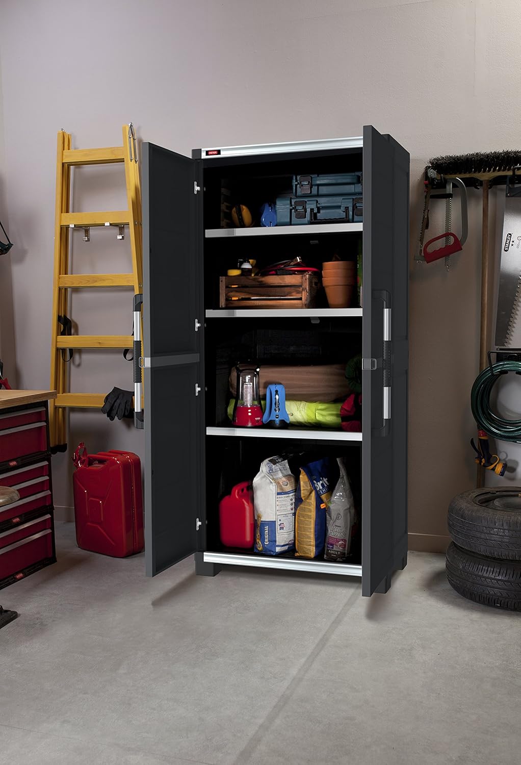 KETER XL Pro Tall Storage Cabinet with Doors and Shelves for Tool and Home Organization, Black