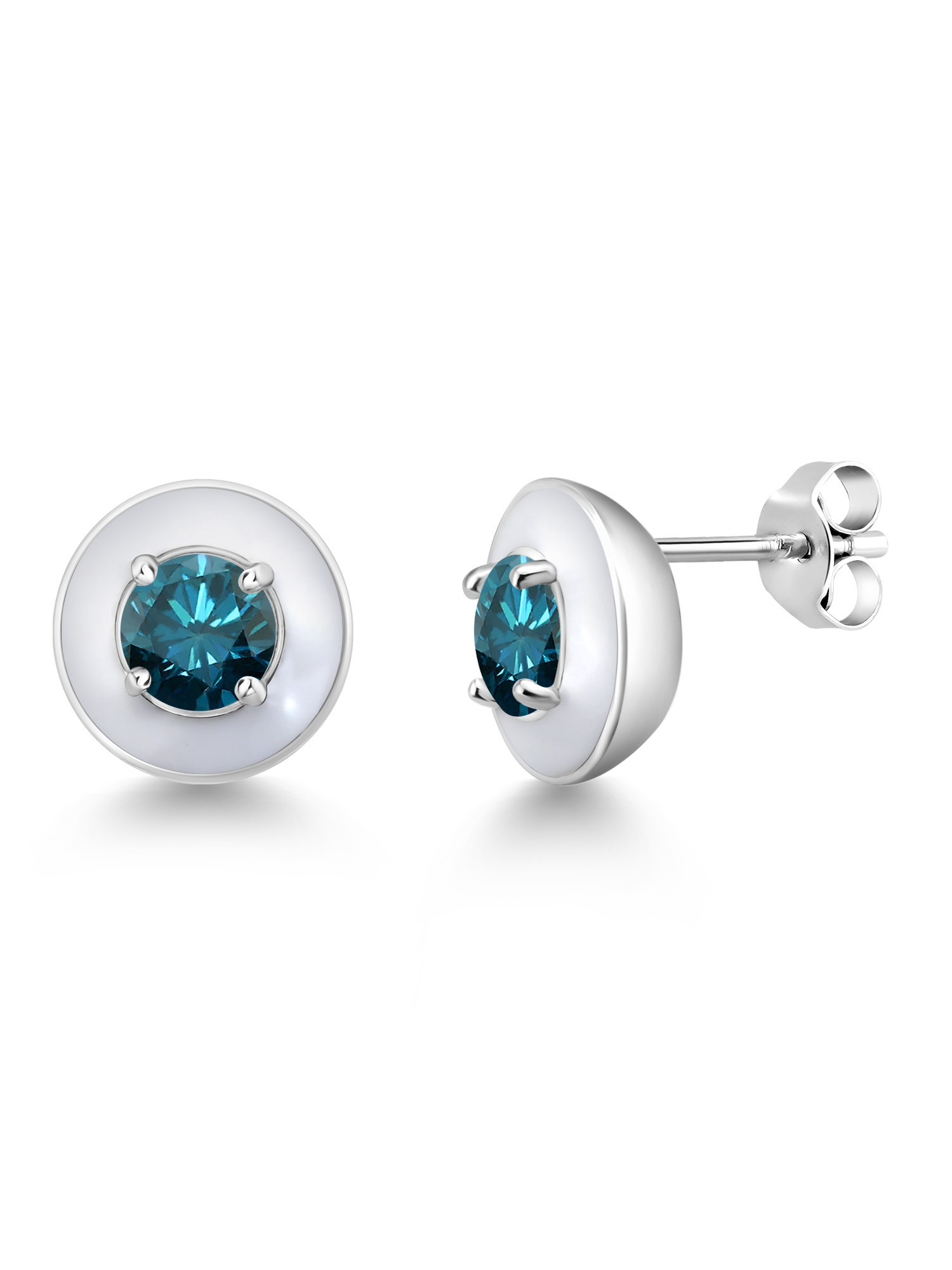 Gem Stone King 1.10 Ct Round Blue SI1-SI2 Diamond 925 Sterling Silver White Enamel Stud Earrings