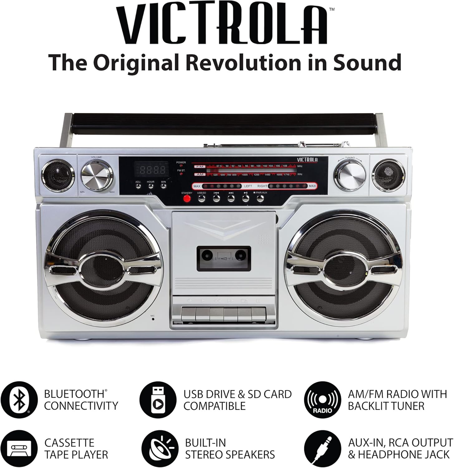 Victrola 1980s Retro Bluetooth Boombox with Cassette Player and AM/FM Radio, Wired and Wireless Streaming, Classic 80s Style with Modern Technology