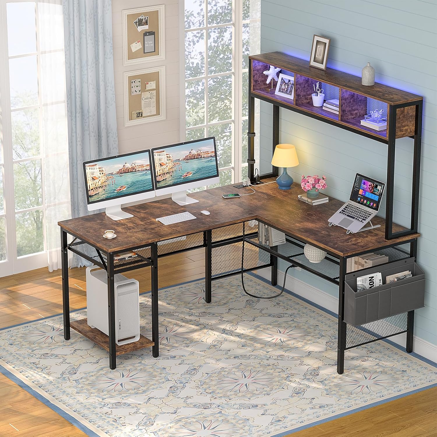 Aheaplus L Shaped Gaming Desk with LED Lights & Power Outlets, 55 Inch L-Shaped Computer Desk with Storage Shelf & Monitor Stand