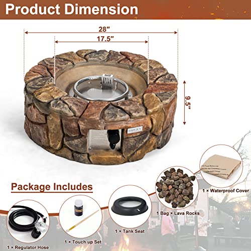 Tangkula 28 Inch Round Propane Gas Fire Pit, Patiojoy 40,000 BTU Stone Look Outdoor Propane Fire Pit with Lava Rocks & PVC Cover