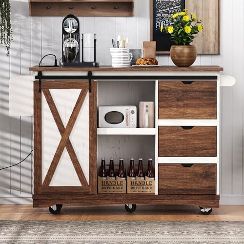 Ball & Cast Farmhouse Kitchen Island with Drop Leaf & Barn Door,Rolling Kitchen Cart on Wheels with Power Outlet,3 Large Drawers