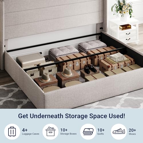 Allewie Full Size Lift Up Storage Bed, Modern Wingback Headboard, Hydraulic Support, No Box Spring Needed, Light Beige