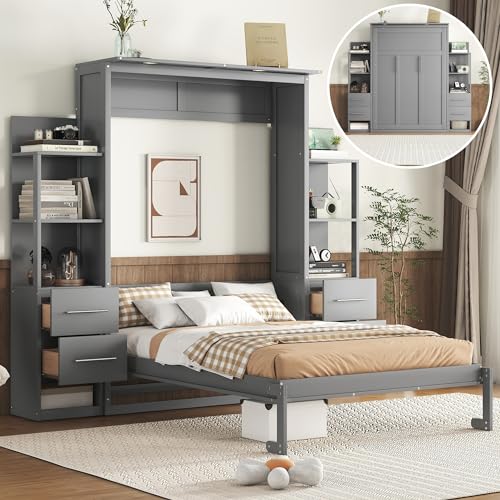 MERITLINE Queen Murphy Bed with LED Lights and Storage Drawers,Shelves,Wood Grey Murphy Wall Bed Cabinet for Adults