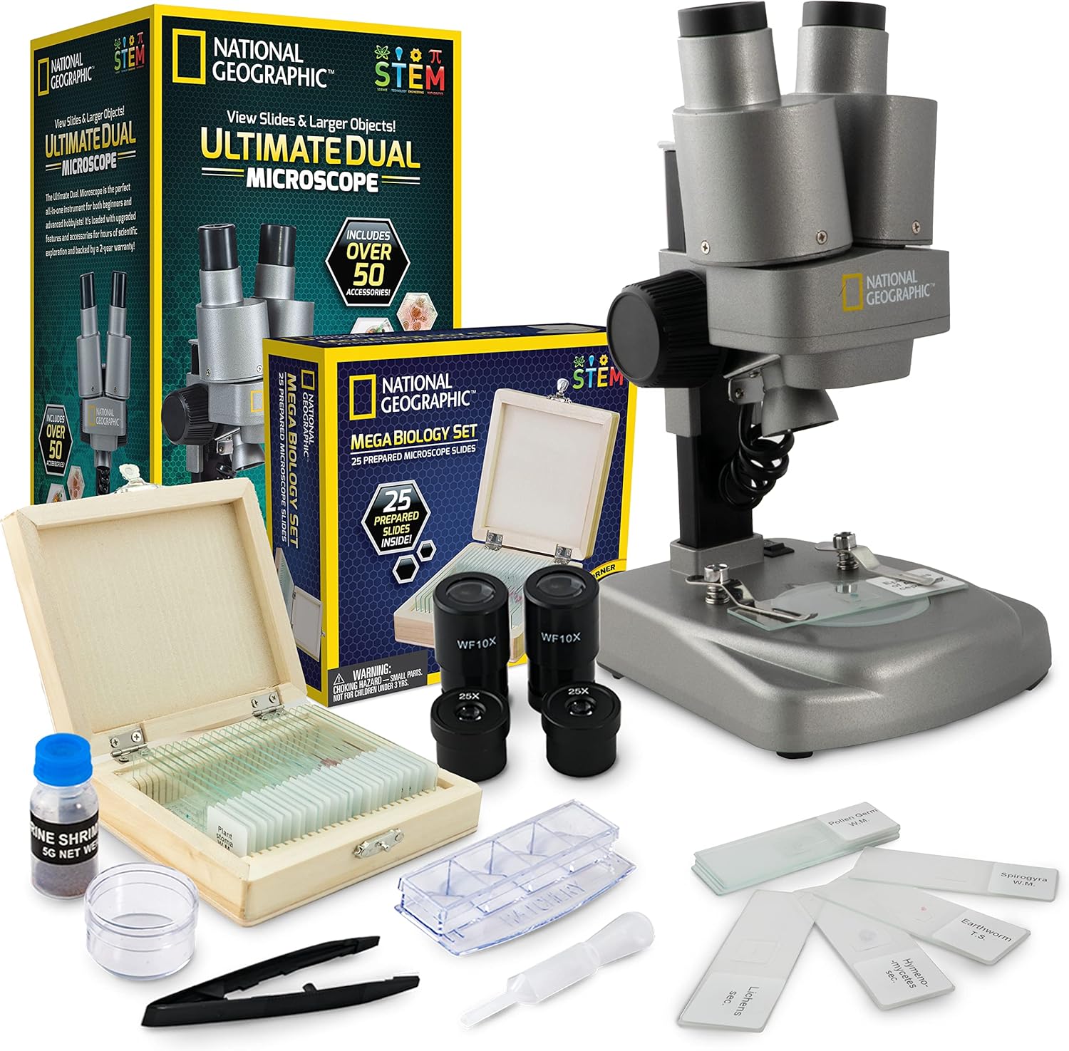 NATIONAL GEOGRAPHIC Microscope Science Kit - Dual LED Microscope for Kids, Ultra Bright 20x & 50x Magnification, 35 Microscope Slides and Covers