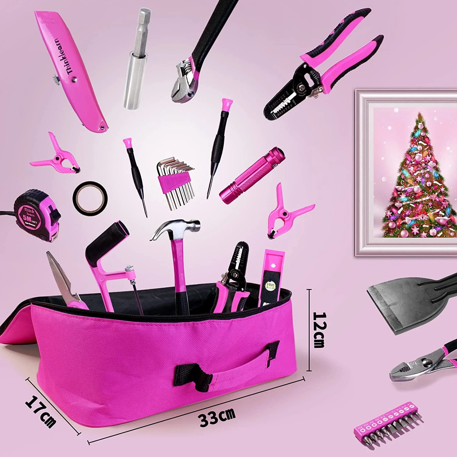 ThinkLearn Pink Tool Kit with 20V Cordless Drill(265in-lbs), Pink Drill Set for Women,Lady's Home Tool Kit for DIY