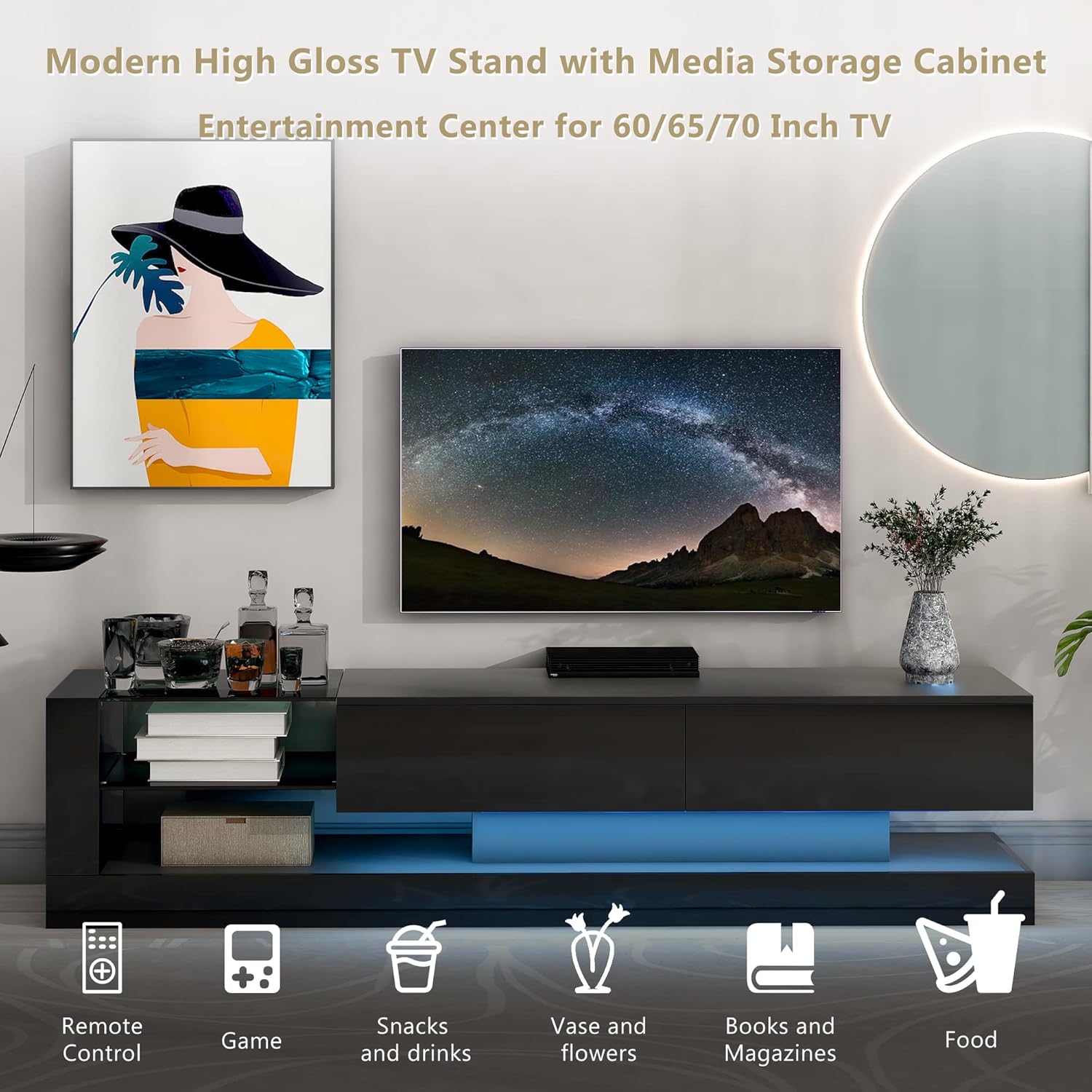 CITYLIGHT High Gloss TV Stand with LED Lights and 2 Media Storage Cabinets, Modern High Gloss Entertainment Center for 75 Inch TV