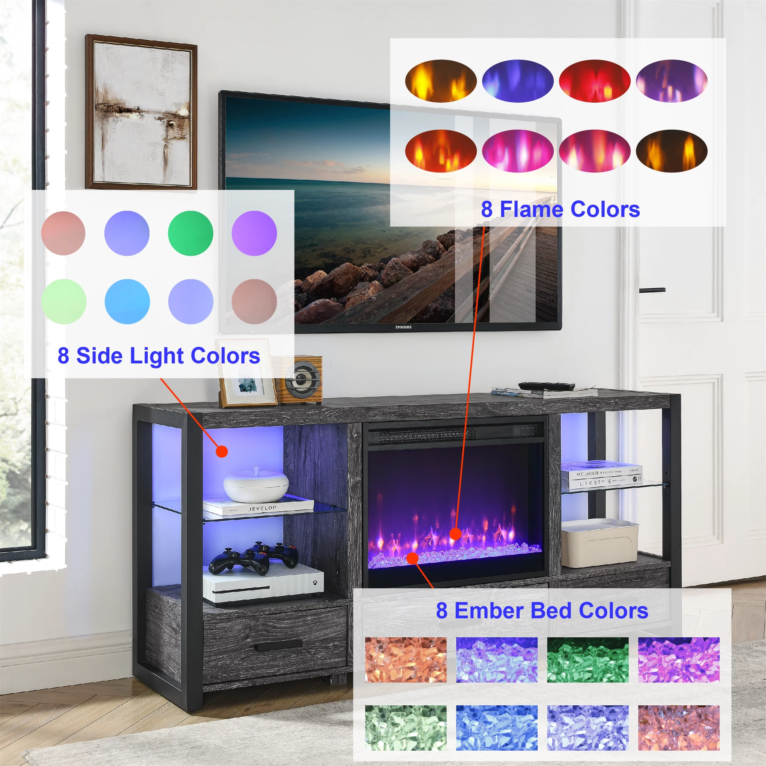60 Inch Electric Fireplace Media TV Stand with Sync Colorful LED Lights-Dark Rustic Oak Color