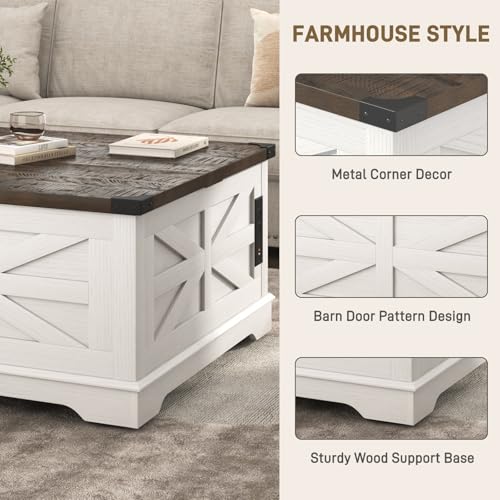36" Farmhouse Movable Lift Top Coffee Table with Storage and Power Outlets, Square Wood Living Room Tables with Wheels&Large Hidden Space