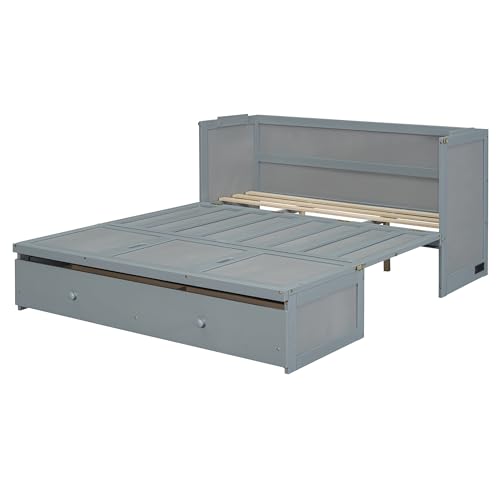 Queen Size Murphy Bed with Drawers and Charging Station Wood Murphy Wall Cabinet Bed with Storage for Saving Space, Espresso