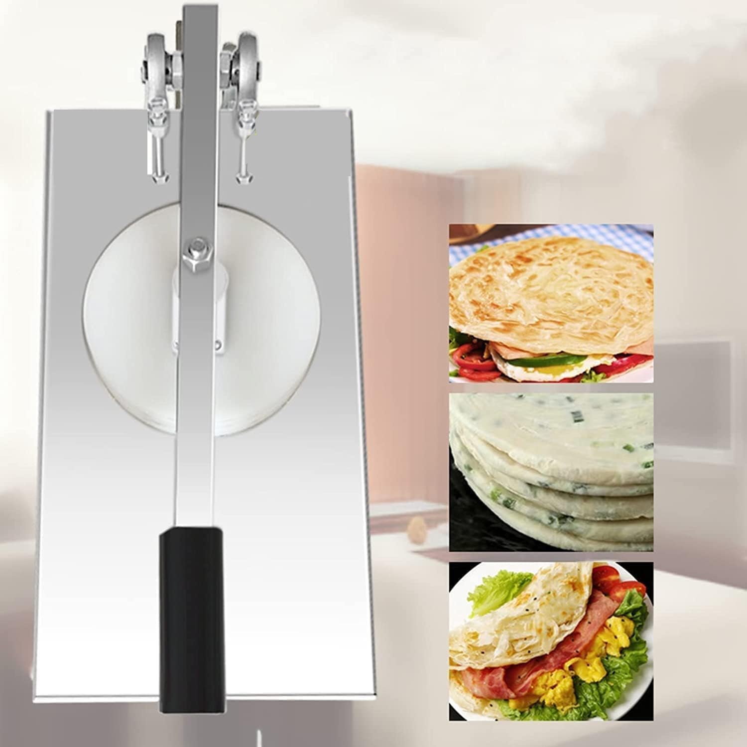 Manual Pizza Dough Press Machine, Stainless Steel Pastry Dough Maker, 12-24cm Non-Stick Pressure Plate, Adjustable Extension Arm Angle, for Cake