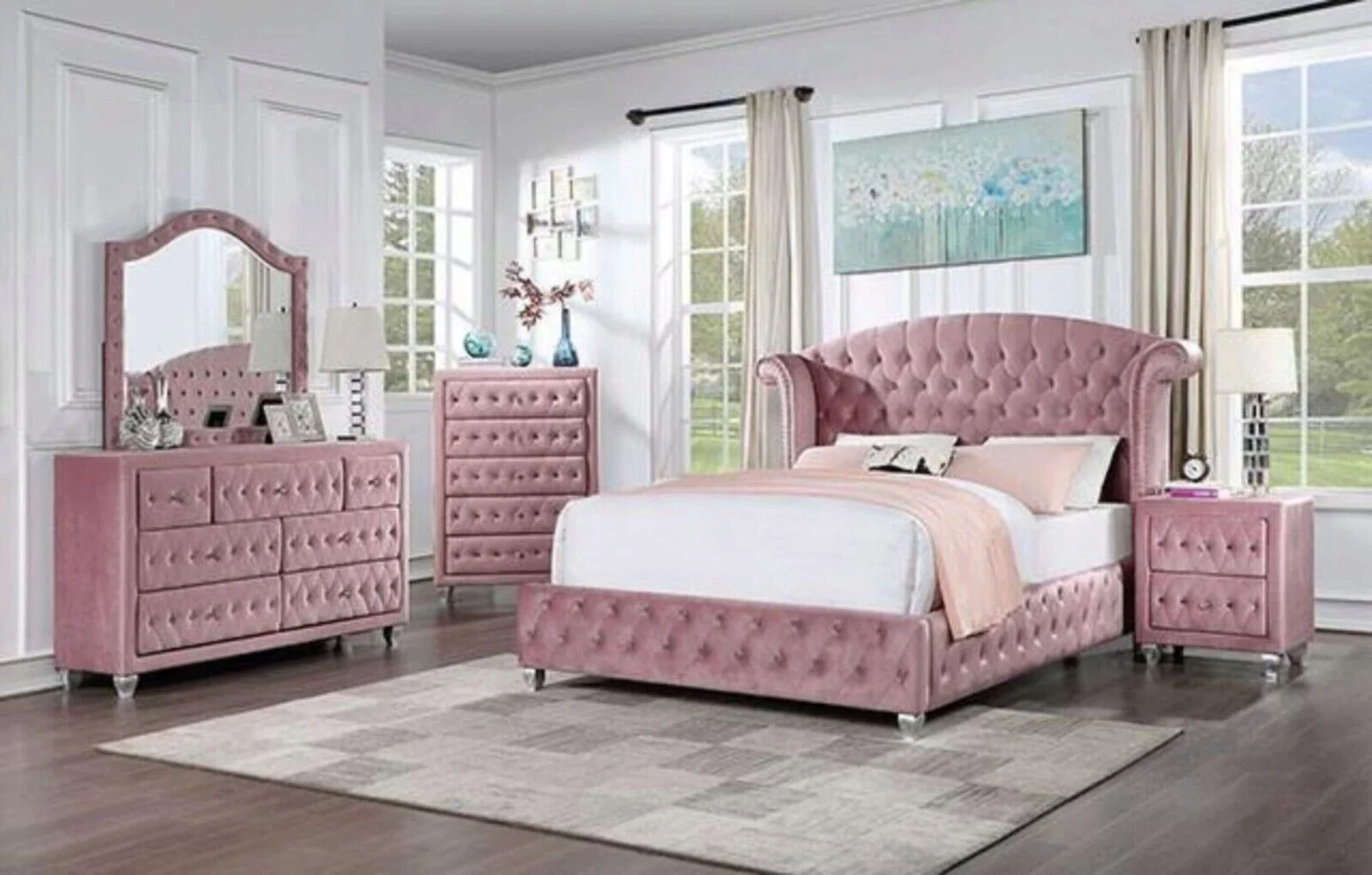 Glam Pink Upholstered Tufted Velvet Like Fabric 4pc Twin Size Bed Set Dresser Mirror Nightstand Bedroom Furniture
