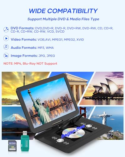 WONNIE 17.9" Large Portable DVD/CD Player with 6 Hrs 5000mAH Rechargeable Battery, 15.4" Swivel Screen, 1366x768 HD LCD TFT, All Regions