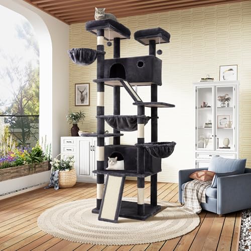 SHA CERLIN 81in Multi-Level Tall Cat Tree Tower for Indoor Kitties/Larger Cat Condo Furniture with Hammock/Cozy Pussycat Perches/Sisal Scratching