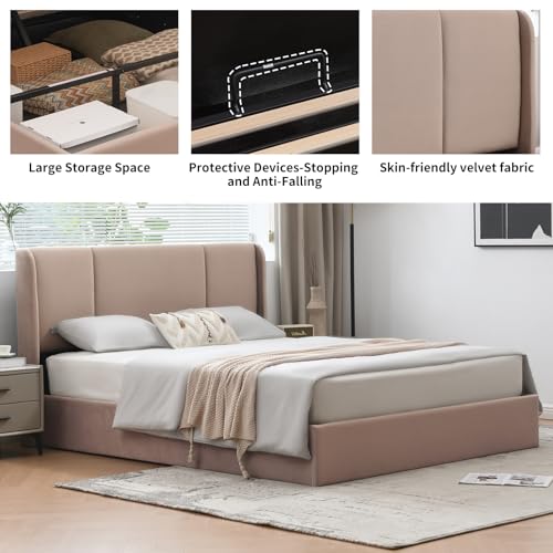 VELOCAVA Queen Size Lift Up Storage Bed with Modern Wingback Headboard, Upholstered Platform Bed with Fabric with Hydraulic Support Bars