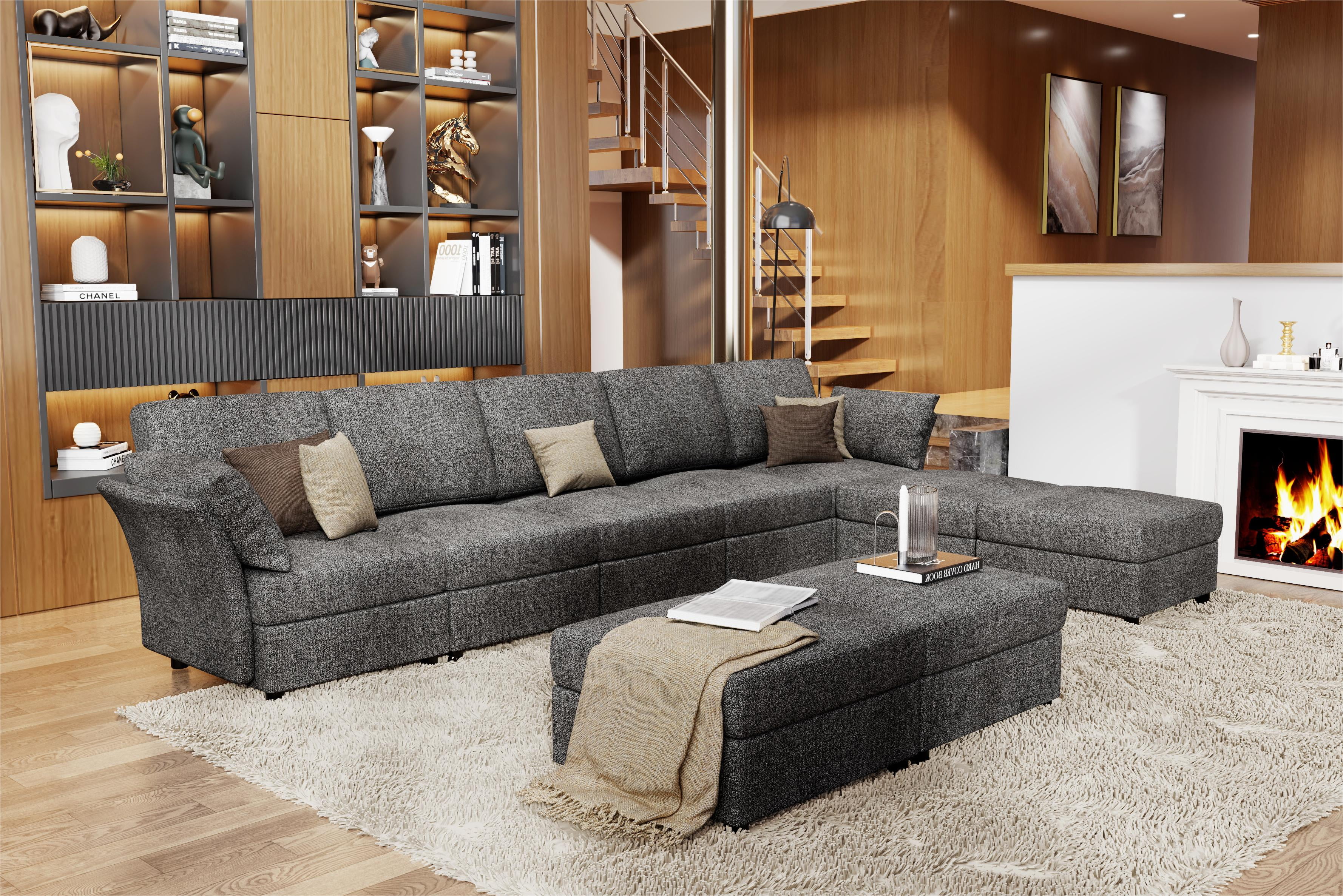 Papajet Sectional Sofa, Modular U Shaped Couch with Ottomans- 9 Seat Sofa for Living Room, Dark Grey