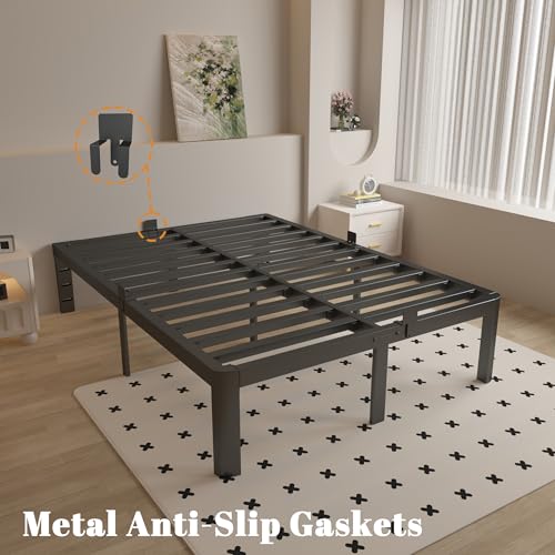 Full Size Bed Frame 16 Inch Black, Metal Platform Full Bed Frame with Baffles, No Box Spring Needed, Heavy Duty Steel Supprt, Rounded Corner Design