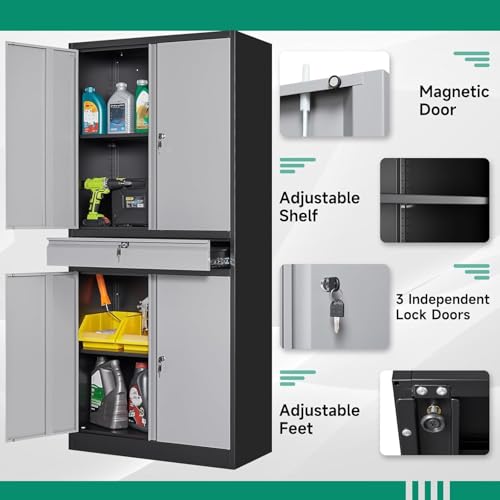 Letaya Metal Garage Storage Cabinet with Drawer,4 Door Tool Cabinet with Lock-2 Adjustable Shelves for Garage Home Office Utility Room (Black)