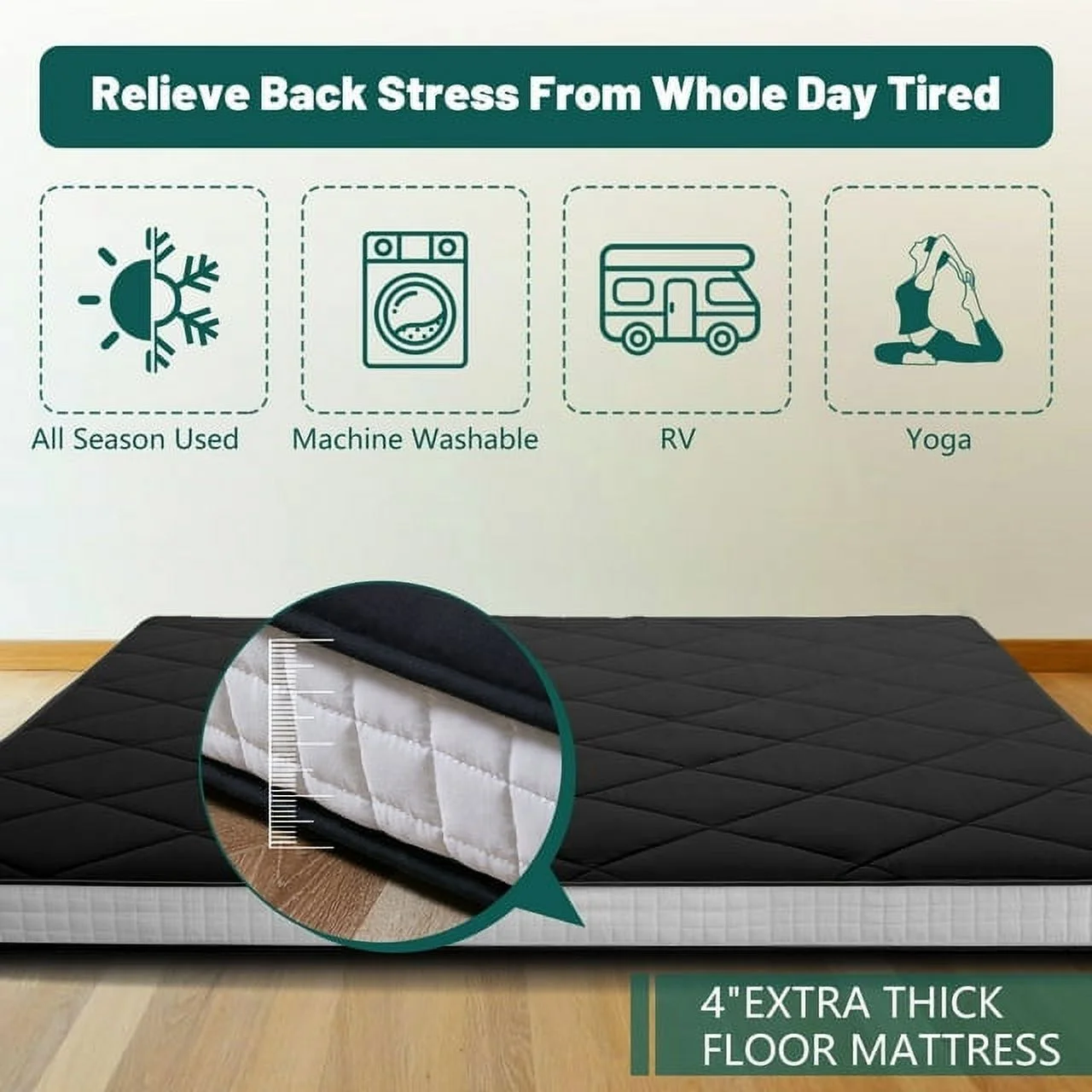 ABORON Diamond Patterned Mattress,4 Inch Extra Thick Sleeping Bed For Floor,Roll Up Mmemory Foam Mattress , Folding Floor Lounger Guest Bed Pad
