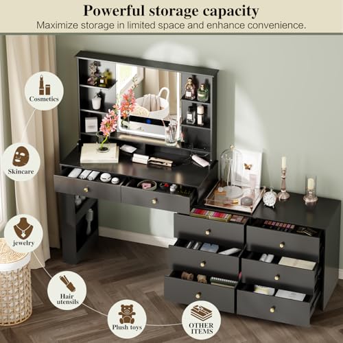 Large Makeup Vanity Desk with Mirror and Lights, Vanity Desk with 8 Drawers & Storage Shelves, Vanity Table with Power Outlet