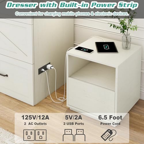 Full Size Murphy Chest Bed with Drawer and Charging Station, Farmhouse Wood Space-Saving Hidden Folding Bed Chest