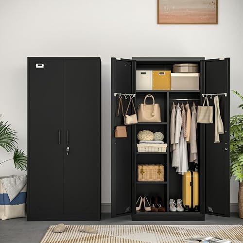 Steel Armoire Wardrobe Closet, 71" Metal Clothing Storage Cabinets with 2 Doors, 1 Adjustable Shelf and 2 Drawers