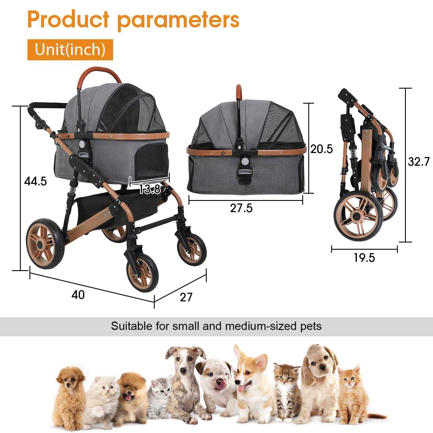 BestPet Pet Stroller Premium 3-in-1 Multifunction 4 Wheels Dog Cat Stroller for Large Medium Dogs Cats Aluminium Frame Folding Lightweight Travel