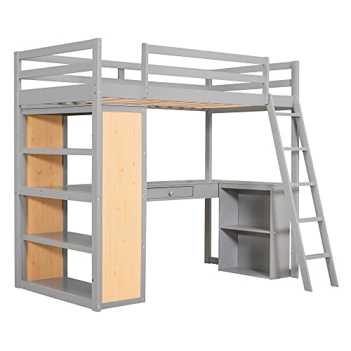 Twin Loft Bed with Staircase, Desk and Wardrobe, Wood Loft Bed with Storage Shelves and Safety Guardrail