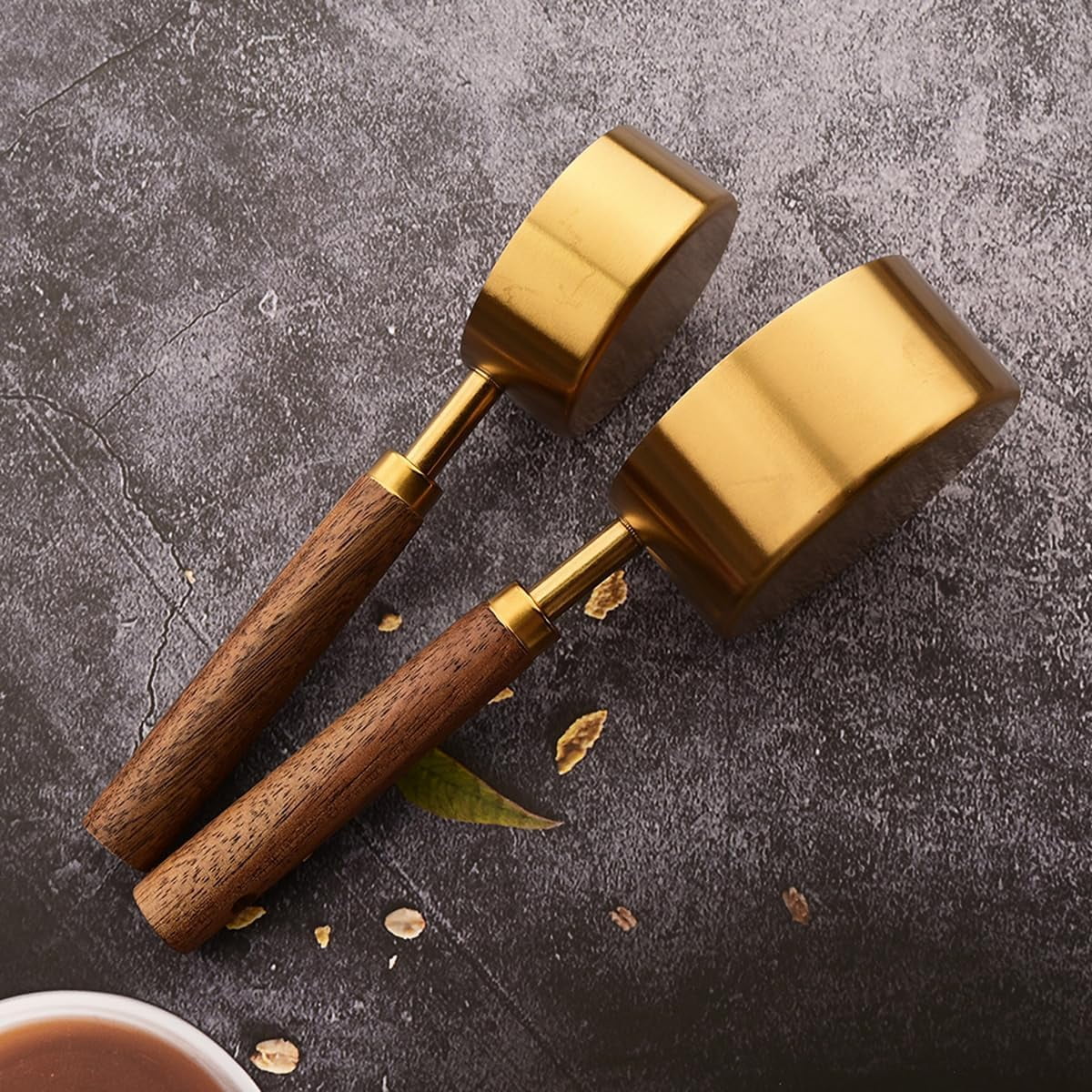 8 pieces Golden Measuring Cups Set and Measuring Spoons Set with Scale, Wooden Handle Stainless Steel Dry &amp