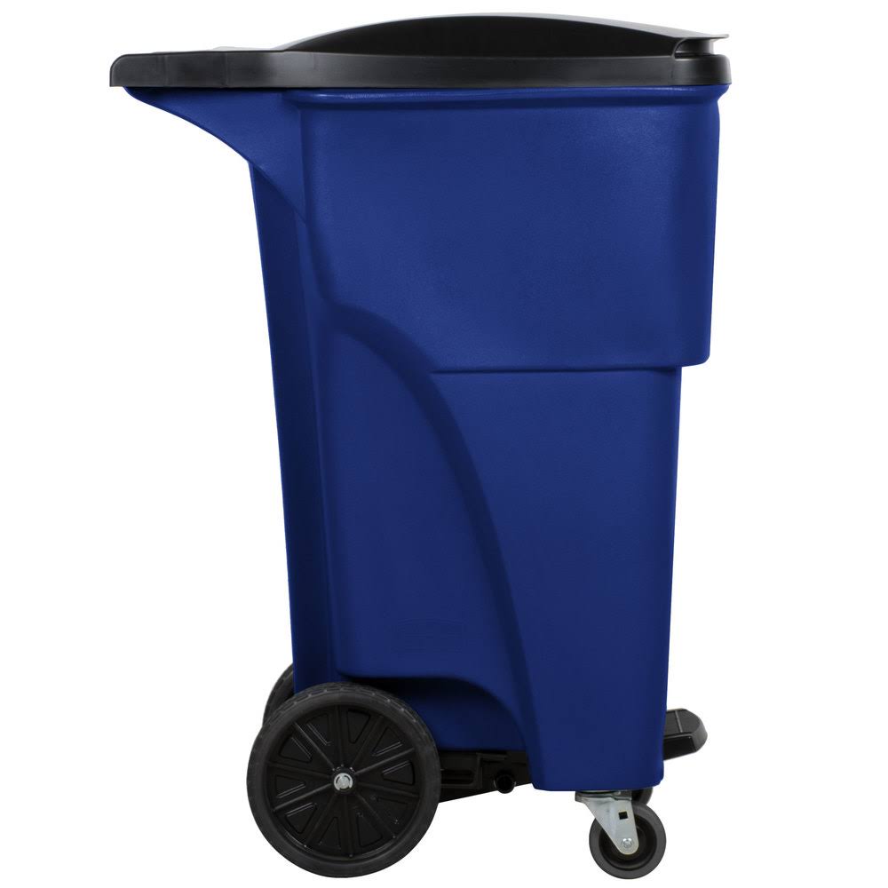 Rubbermaid 65 gal., Rectangular, Rollout Trash Can, Plastic, Blue 1971976