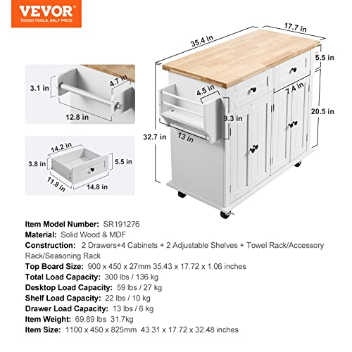 VEVOR Kitchen Island Cart with Solid Wood Top, 35.4" Width Mobile Carts with Storage Cabinet, Rolling Kitchen Table with Spice Rack, Towel Rack