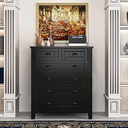 Vibe & Dine 6 Drawer Dresser Tall, White Wooden Dresser for Bedroom, Modern Chest of Drawers with Solid Wood Handles & Legs for Closet, Hallway