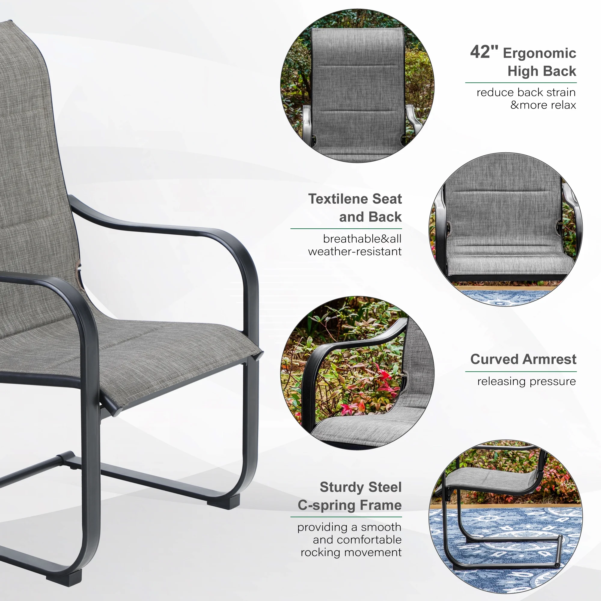 MF Studio 7 Pieces Outdoor Patio Dinning Set with 6 C Spring Textilene Chairs and 1 Metal Extendable Dining Table for 6 Person,Black&Gray