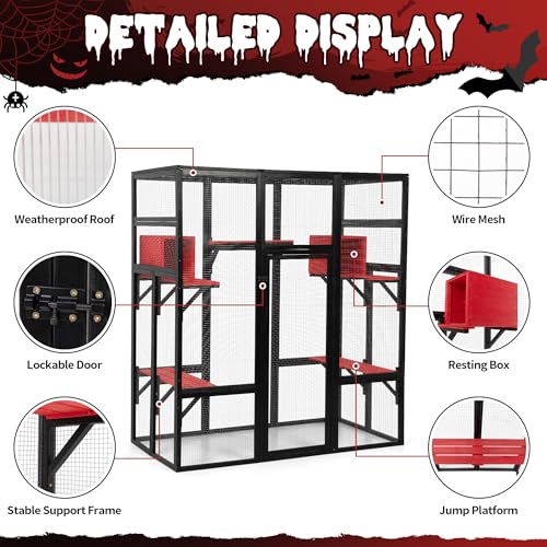 COZIWOW 70Inches Large Stable Spacious Wooden Catio Outdoor Cat Enclosure with Perches and Condos, Cat Cage Indoor with Waterproof Roof