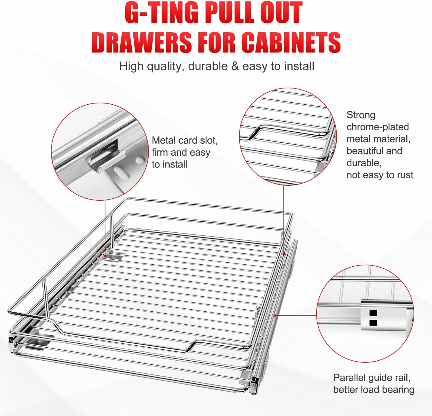 G-TING Pull Out Cabinet Organizer, Heavy Duty Slide Out Pantry Shelves Sliding Drawer Storage for Home, Kitchen, Bathroom, 12.44 W x 16.54 D