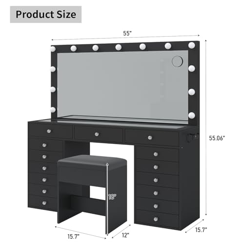 55" W Vanity Desk, Makeup Vanity with Charging Station, 15 Drawers with Lighted Mirror, 3 Lighting Modes, Brightness Adjustable, Glass Top