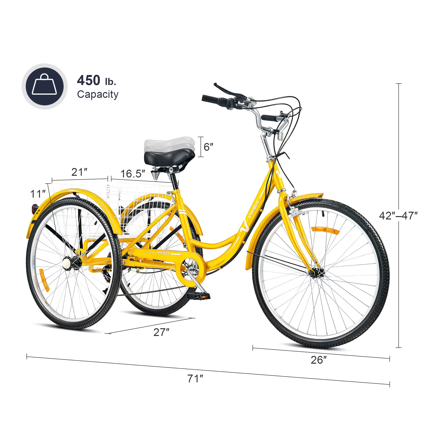 VIRIBUS 26 Inch Adult Tricycle 7 Speed 3 Wheel Cruiser Bike Trike w Rear Basket, Yellow - Curated Treasures Market
